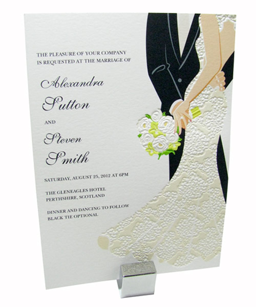 One of our favorites is this lace wedding dress invitation embossed here at