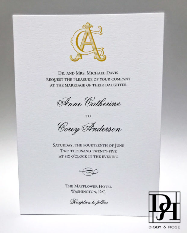 AC CA crest printed on a wedding invitation