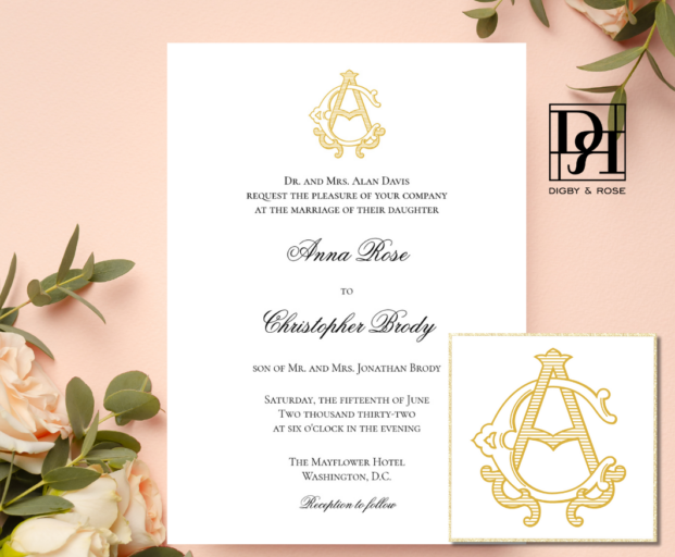 Wedding invitation with CA monogram or AC monogram.