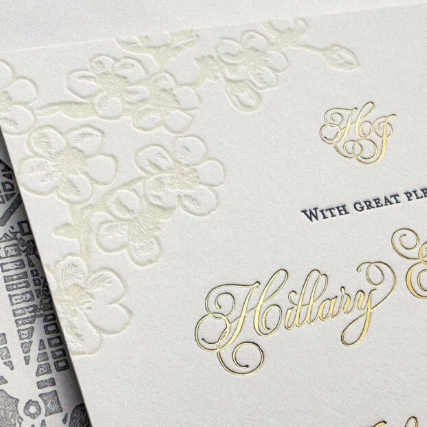 Letterpress cherry blossom wedding invitation with gold foil