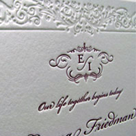 Traditional letterpress flourish wedding invitations