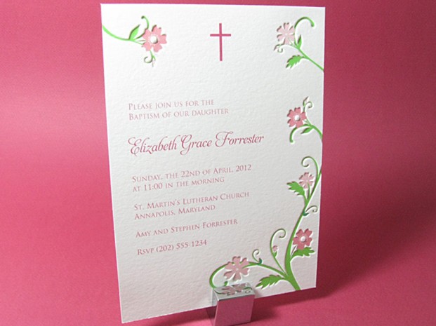 Letterpress Light Flowering Vine Baptism Invitation or Baby Announcement