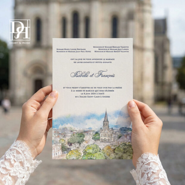 Luxury French letterpress wedding invitation suite with illustrated Église Saint-Laud, designed in Washington DC
