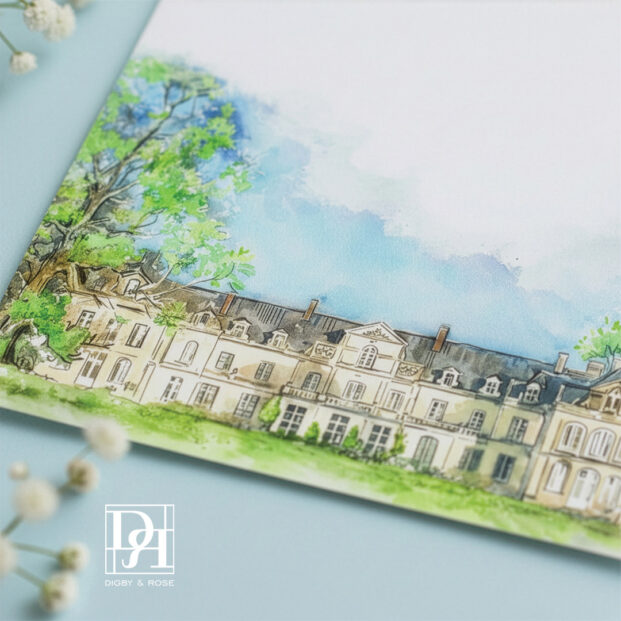 French reception card with illustrated château for destination wedding in France
