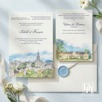 Luxury French letterpress wedding invitation suite with illustrated Église Saint-Laud, designed in Washington DC