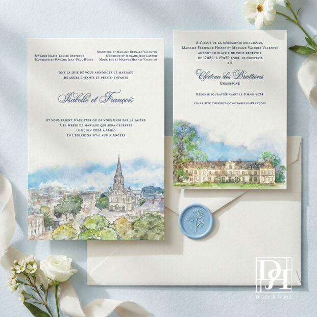 French destination wedding invitations with wax seal and venue illustration, letterpress printed in Washington DC