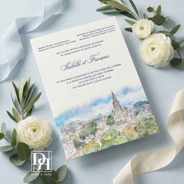 Formal French wedding invitation with venue illustration and traditional typography