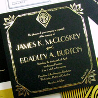Art Deco invitations with gold foil featuring Gatsby theme