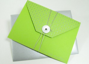Green apple silver pocketfold invitation