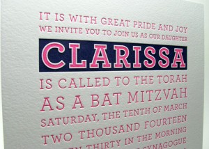 Modern pink blue bat mitzvah invitations
