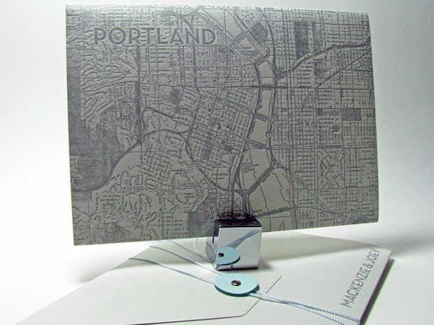 Portland map pocketfold letterpress invitation