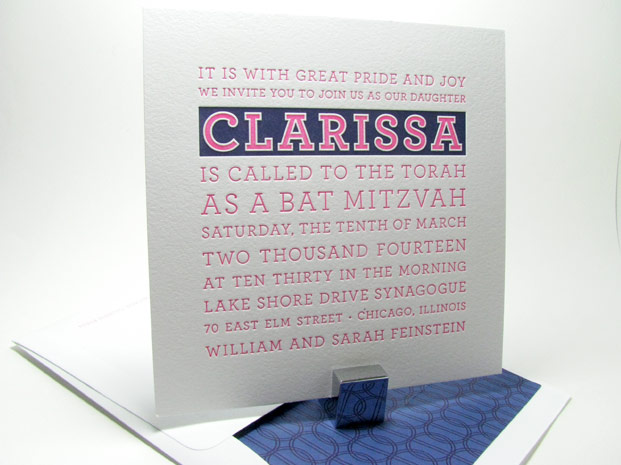 Preppy blue and pink mitzvah invitations