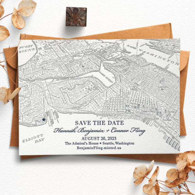 Seattle save the date with antique map in letterpress.