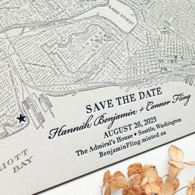 Letterpress Seattle map save the date.