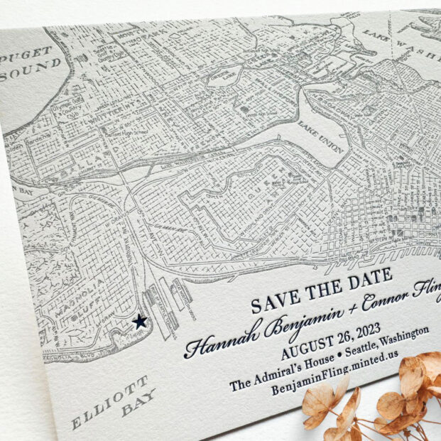Seattle map save the date in gray and navy featuring antique map.