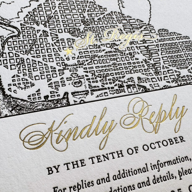 Letterpress reply card with vintage Washington DC map and elegant typography