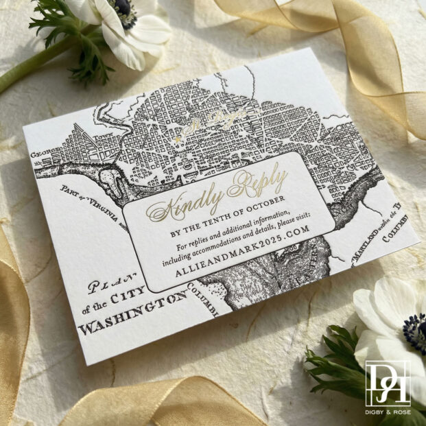Vintage Washington DC map reply card printed in letterpress for a custom wedding invitation suite