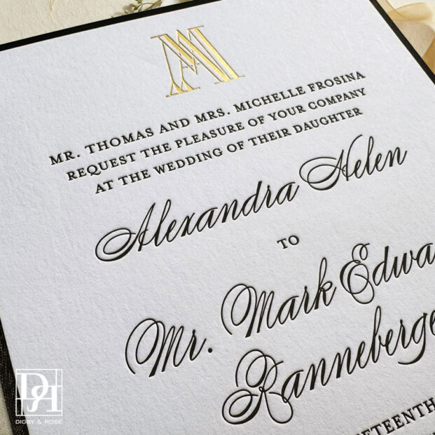 Classic monogram letterpress wedding invitation with gold foil monogram for a Washington DC wedding