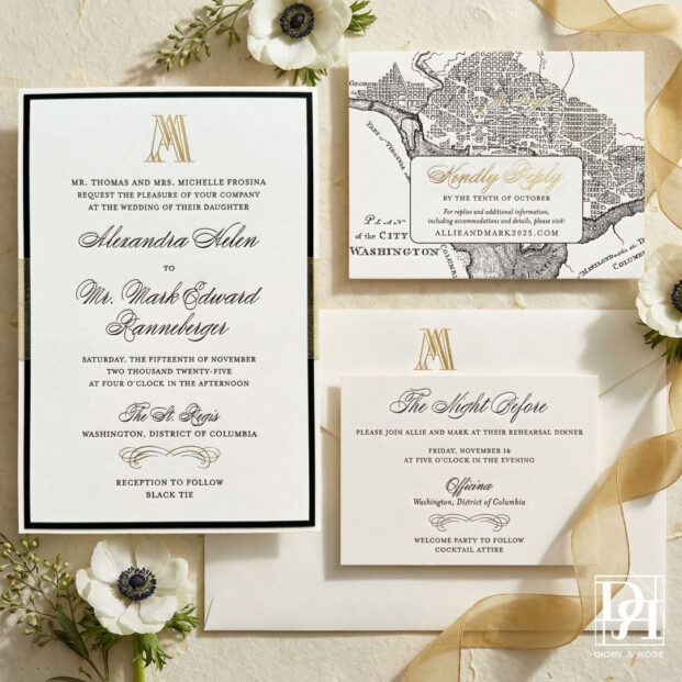 Custom letterpress wedding invitation suite with monogram and gold foil for a Washington DC wedding