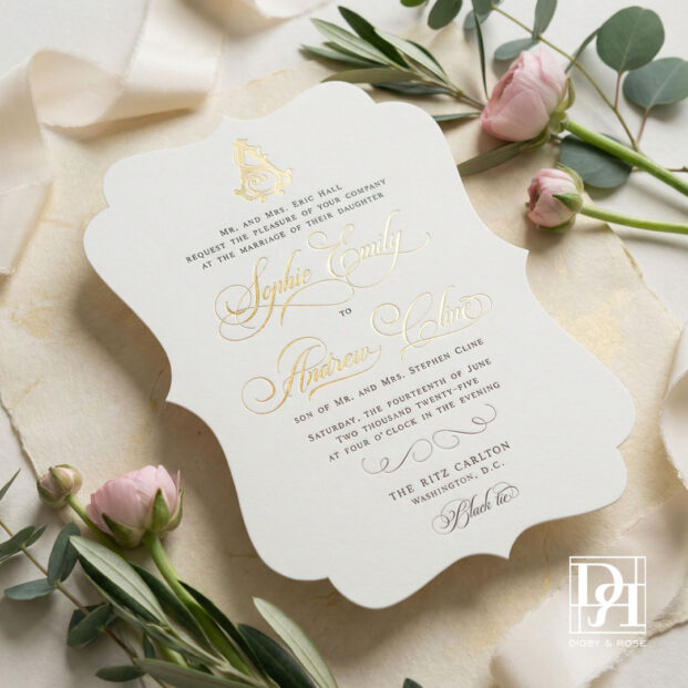 Die cut formal wedding invitation with gold foil script and letterpress printing, photographed at an angle