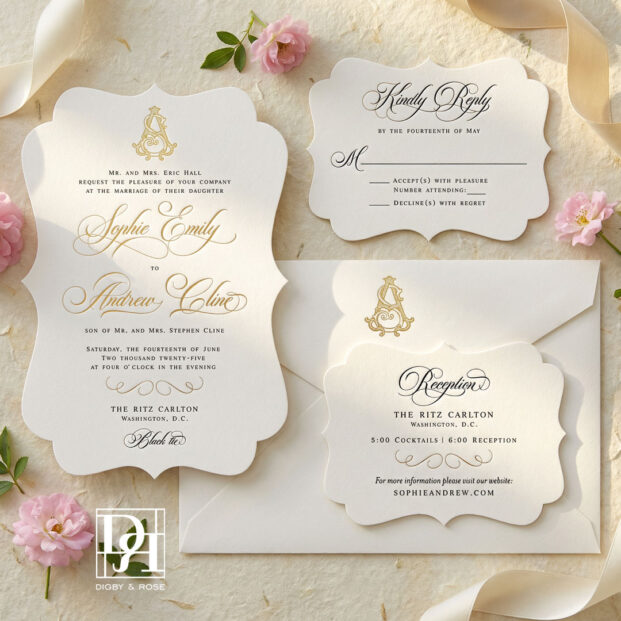 Die cut formal wedding invitation suite with letterpress and gold foil, designed for Washington DC weddings