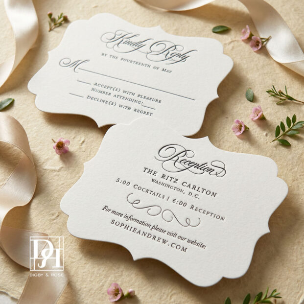 Die cut formal wedding RSVP and reception cards with letterpress printing and classic typography