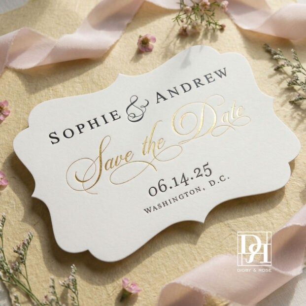 Die cut save the date card with gold foil script and letterpress printing, designed for a Washington DC wedding