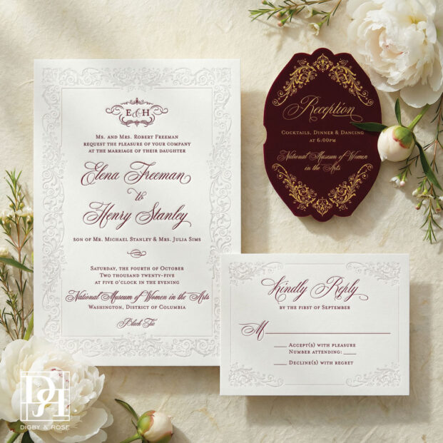 Custom wedding invitation suite with letterpress invitation, reply card, and velvet gold foil reception card