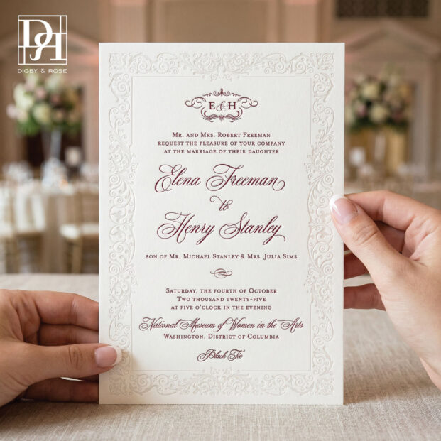 Letterpress wedding invitation with ornate filigree border, designed for a Washington DC wedding