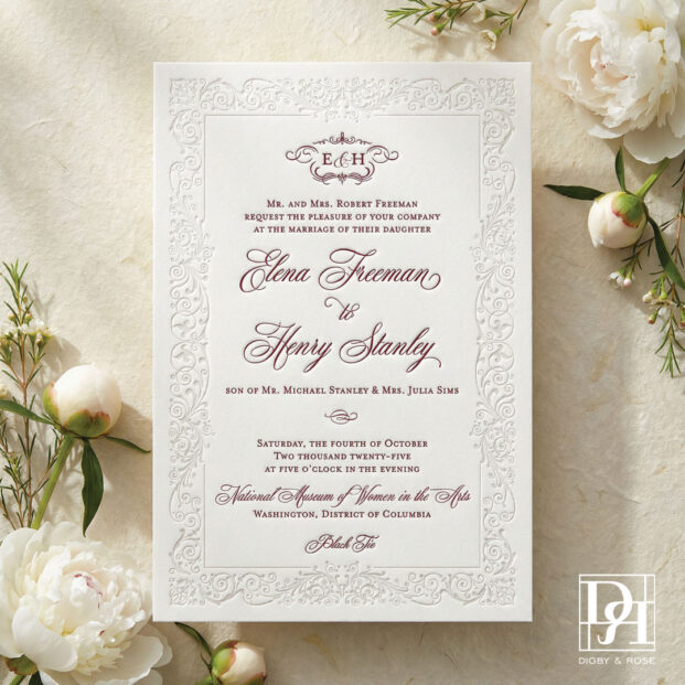 Letterpress wedding invitation with ornate filigree border, designed for a Washington DC wedding
