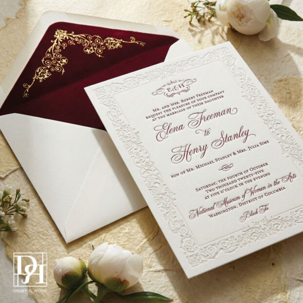 Wedding invitation envelope with custom velvet liner designed for a luxury Washington DC wedding