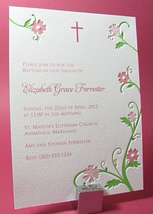Letterpress Light Flowering Vine Baptism Invitation or Baby Announcement