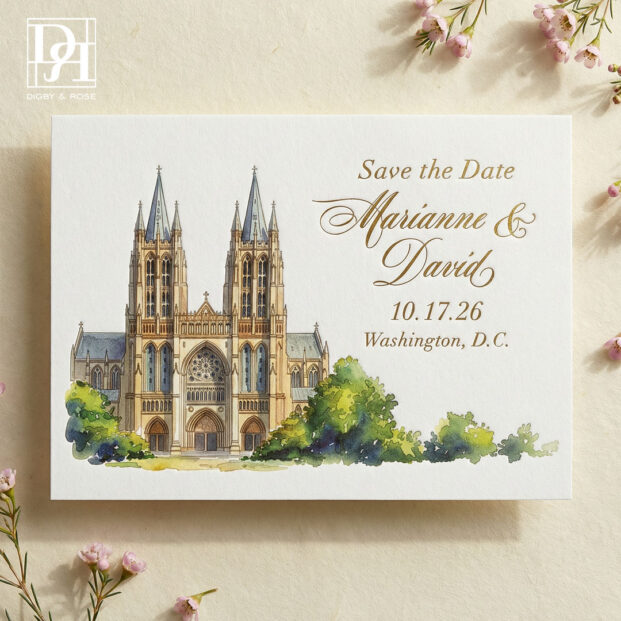 Save the date card with custom illustration of the Washington National Cathedral