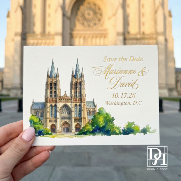 Save the date card featuring the Washington National Cathedral, photographed on location