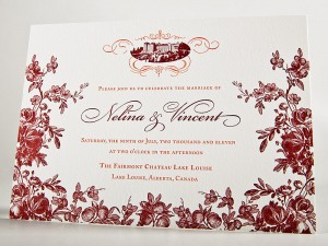 Chateau Lake Louise Vintage Flowers Letterpress Wedding Invitation