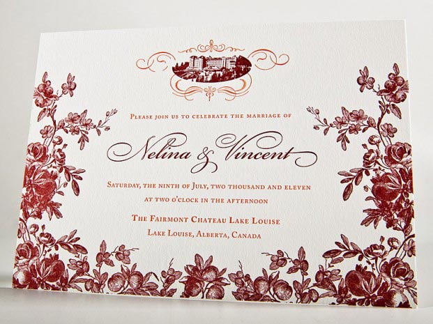 Chateau Lake Louise Vintage Flowers Letterpress Wedding Invitation
