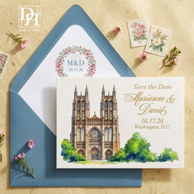 National Cathedral save the date paired with envelope liner and floral monogram