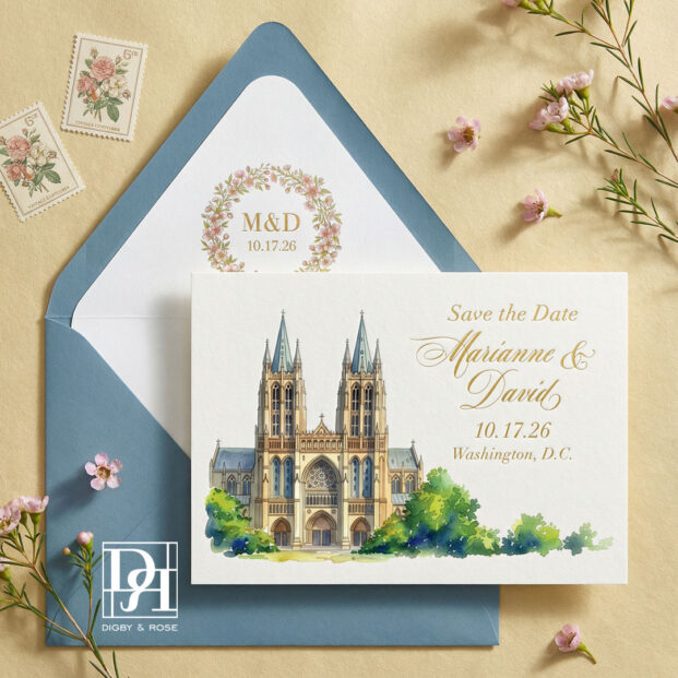 National Cathedral save the date paired with envelope liner and floral monogram