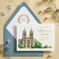 National Cathedral save the date paired with envelope liner and floral monogram