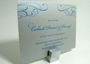 Cerulean blue on silver invitations