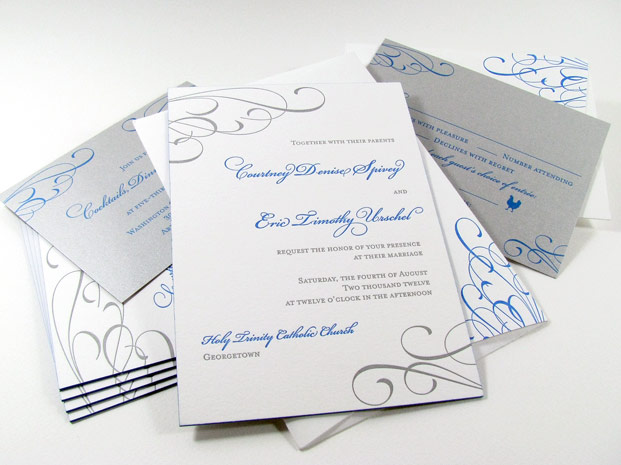 Silver and blue flourish invitations