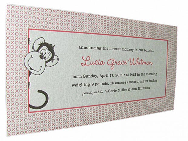 Letterpress Cute little Monkey Baby Announcements