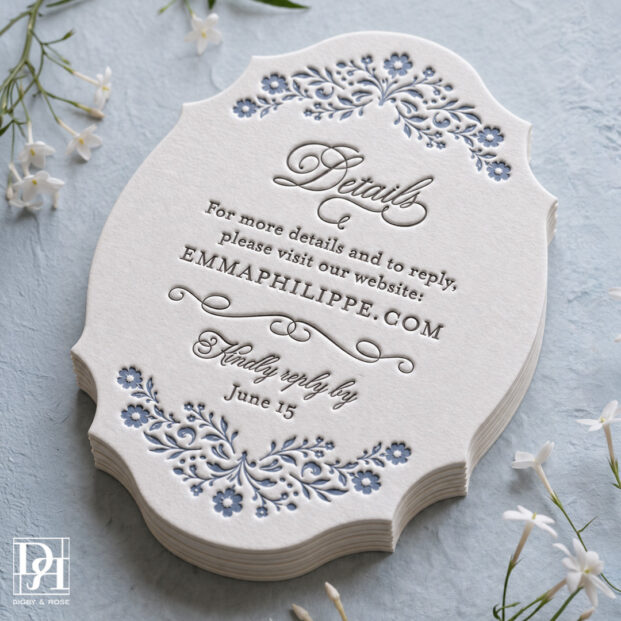 Custom die cut details card printed with gray letterpress and blue floral accents from the Sweet Flowers Letterpress Wedding Invitations suite.