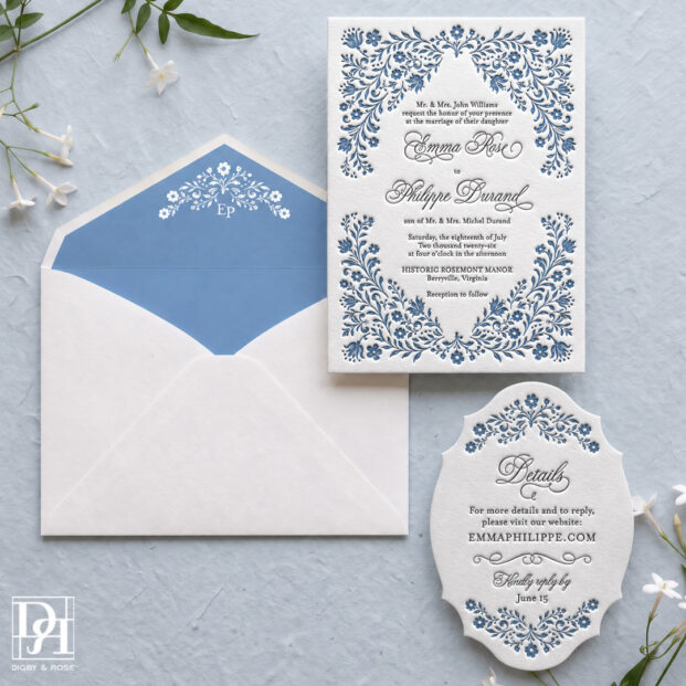 Complete Sweet Flowers Letterpress Wedding Invitations suite with custom die cut details card, slate gray envelope liner with white foil stamping, and luxury letterpress invitation.