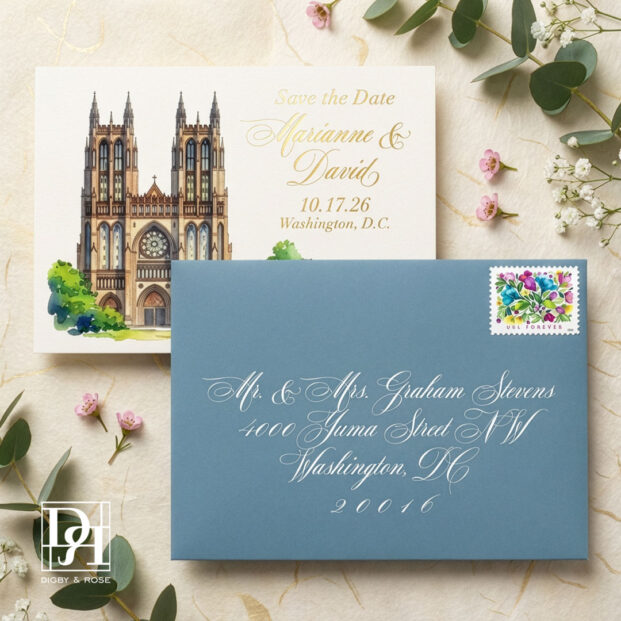 Washington DC save the date with custom venue illustration and addressed envelope