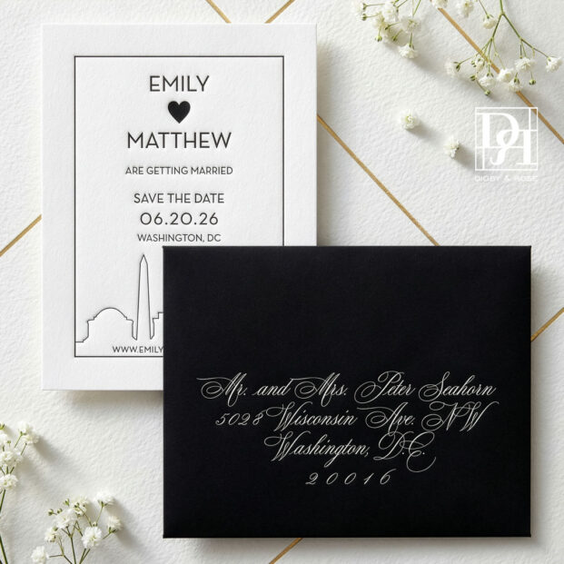Addressed envelope paired with Washington DC save the date letterpress design