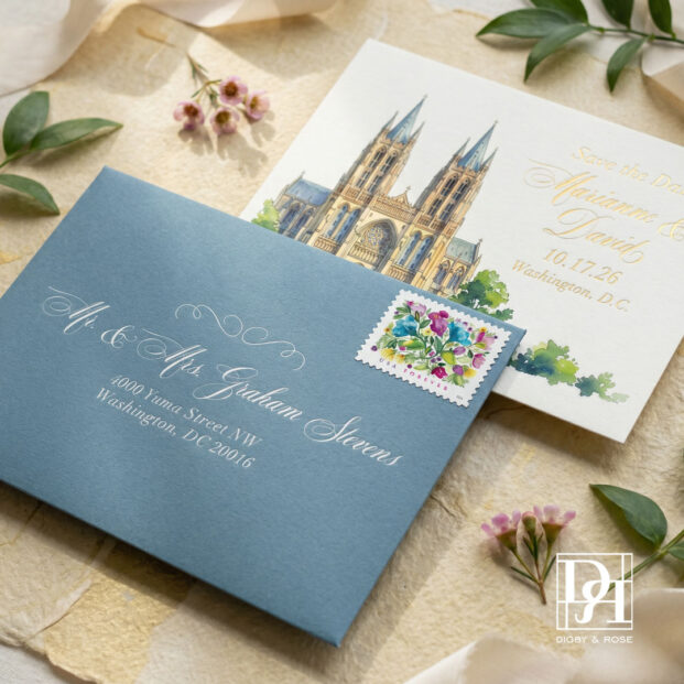 Washington DC save the date with custom venue illustration and addressed envelope