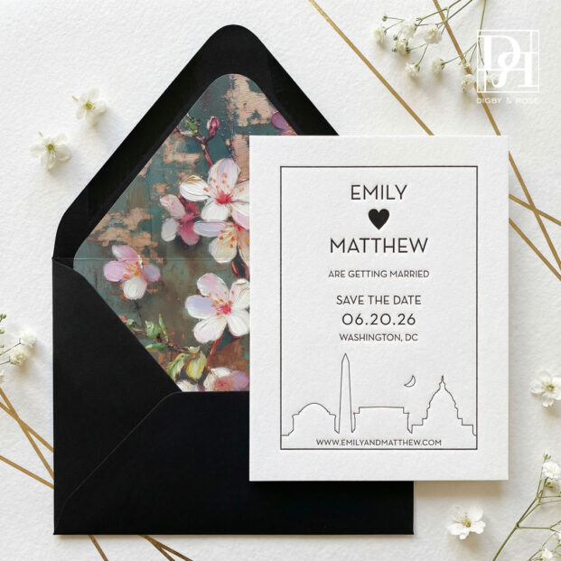 Washington DC save the date with black envelope and floral envelope liner
