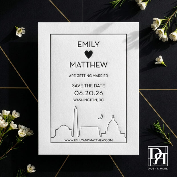 Washington DC save the date flat lay featuring modern typography and skyline illustration
