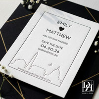 Washington DC save the date with skyline illustration and letterpress style design
